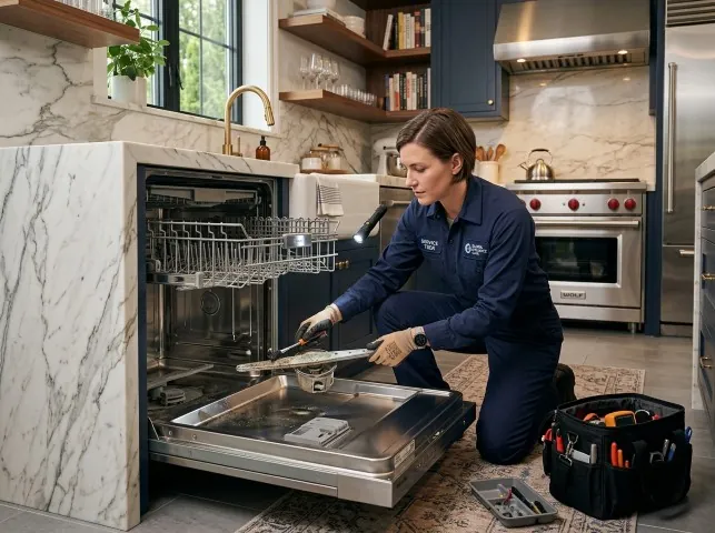 Appliance Repair Hero technician servicing a built-in dishwasher in a Buena Vista, PA kitchen