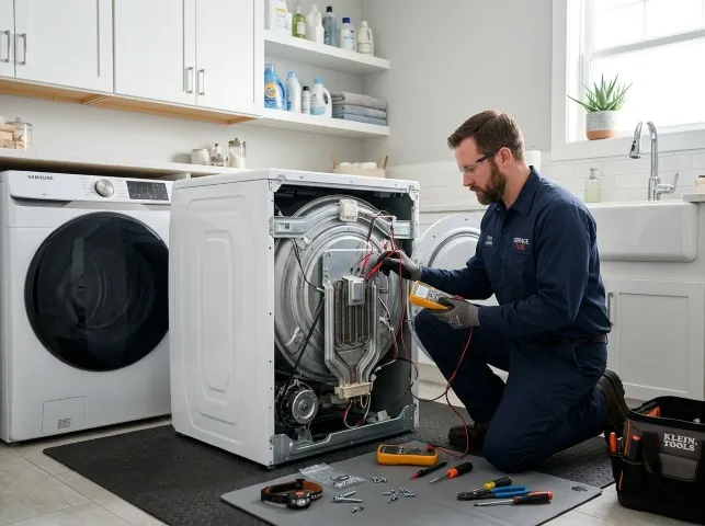 Appliance Repair Hero technician checking a dryer heating element with the rear panel off in Buena Vista, PA