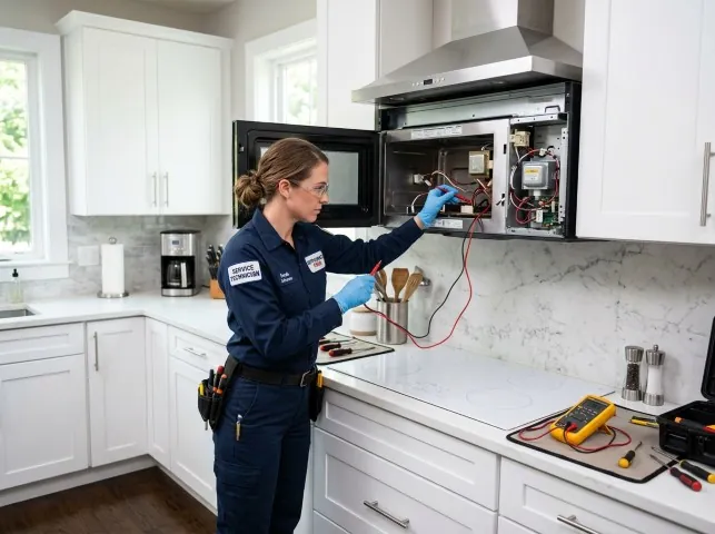 Appliance Repair Hero technician testing an over-the-range microwave in a Buena Vista, PA kitchen