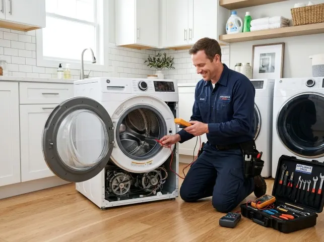 Appliance Repair Hero technician testing a front-load washer with a multimeter on a Buena Vista, PA service call